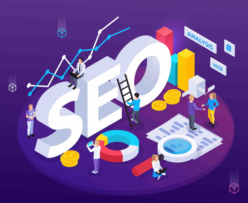 Imagen que muestra las letras SEO en grande y en el centro rodeadas de gráficos y equipo de profesionales trabajando en equipo. En la parte inferior derecha, una cliente da la mano a un profesional de SEO. También se se pueden ver un gráfico y monedas de dólar. En centro se ve una escalera en la que una persona está subiendo a las letras SEO en grande. La imagen representa la importancia de una agencia SEO para el éxito online de un negocio